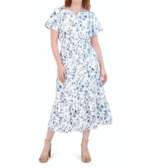 French Connection Blue & White Floral Cotton Maxi Dress Size Large - Picture 1 of 3